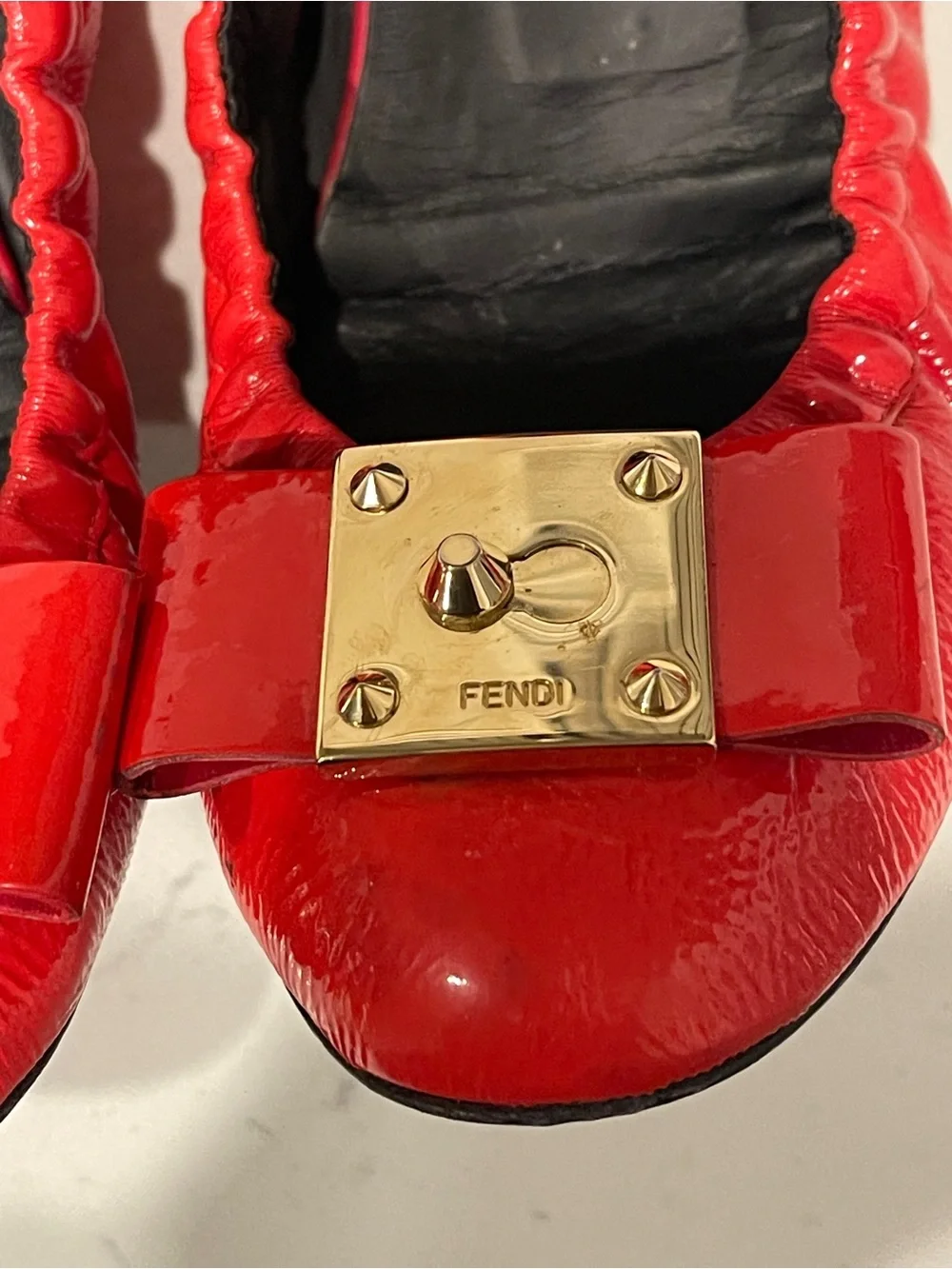 FENDI Red Leather Elastic Ballet Flats with Gold Accent 38